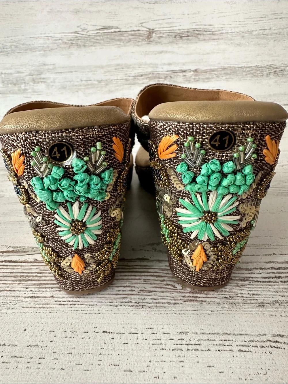 NWOT Beaded Sequin 3D Floral Platform Wedge Sandals 41 Butterfly Mixed Media